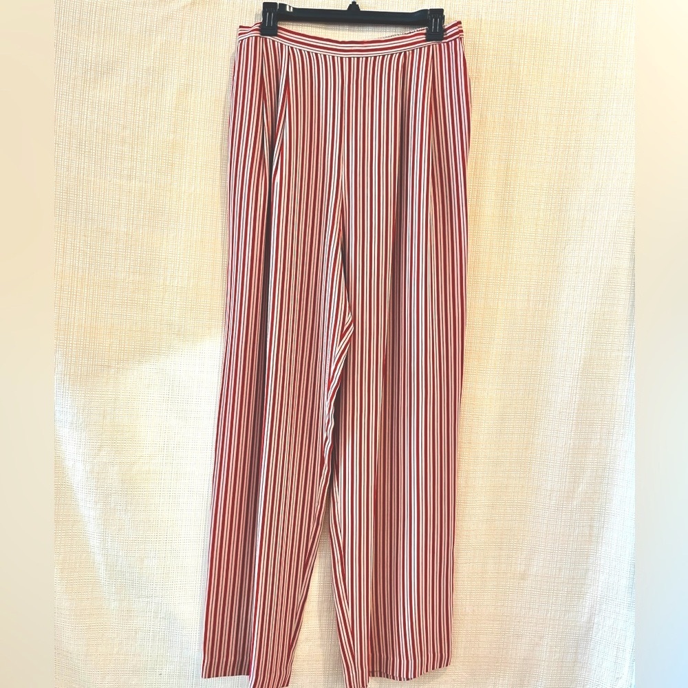100% Silk Striped High Rise Relaxed Pants Red and Tan Vintage 90s Minimalist - Picture 3 of 16